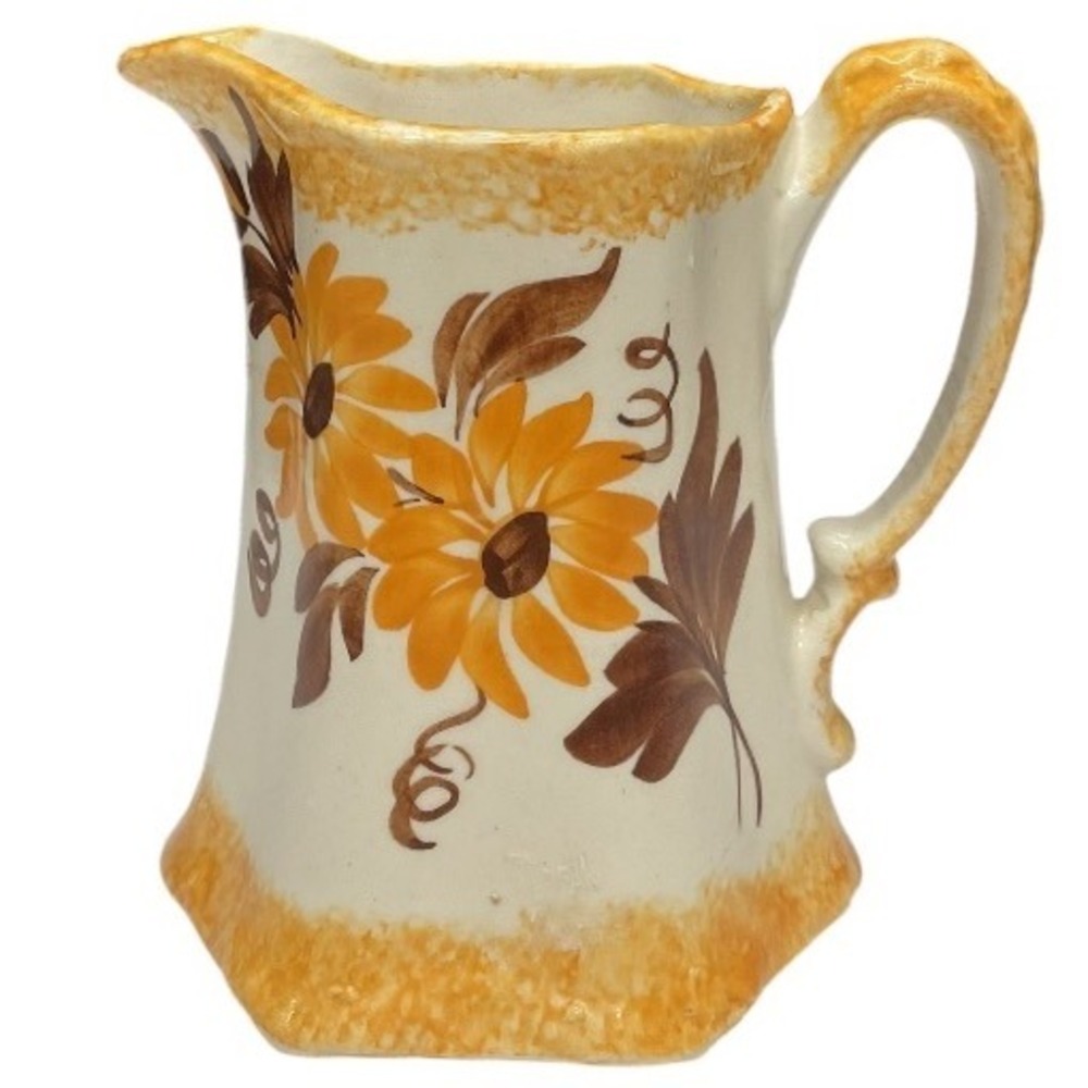 Vintage Yellow Orange Cash Family Hand Painted Ceramic Pottery Floral Pitcher OS